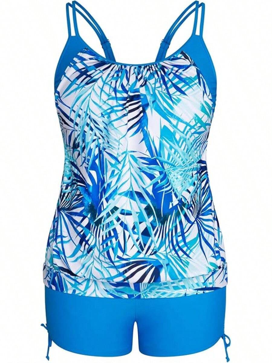Womens Plus Size Striped Printed Strappy Tankini Top With Shorts Two Pieces Swimsuit - Blue - View 1