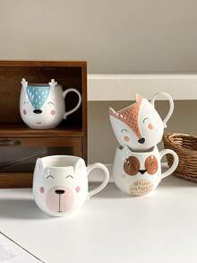 1 件手绘陶瓷杯，带有猫头鹰、狐狸、鹿、熊等可爱动物图案，创意卡通风格杯子，适用于家居装饰、咖啡拿铁杯、早餐牛奶和燕麦碗、礼物和情侣杯 - 彩色 - 查看 2