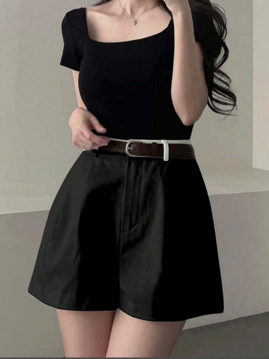 Versatile Solid Color Shorts - màu đen - Xem 1