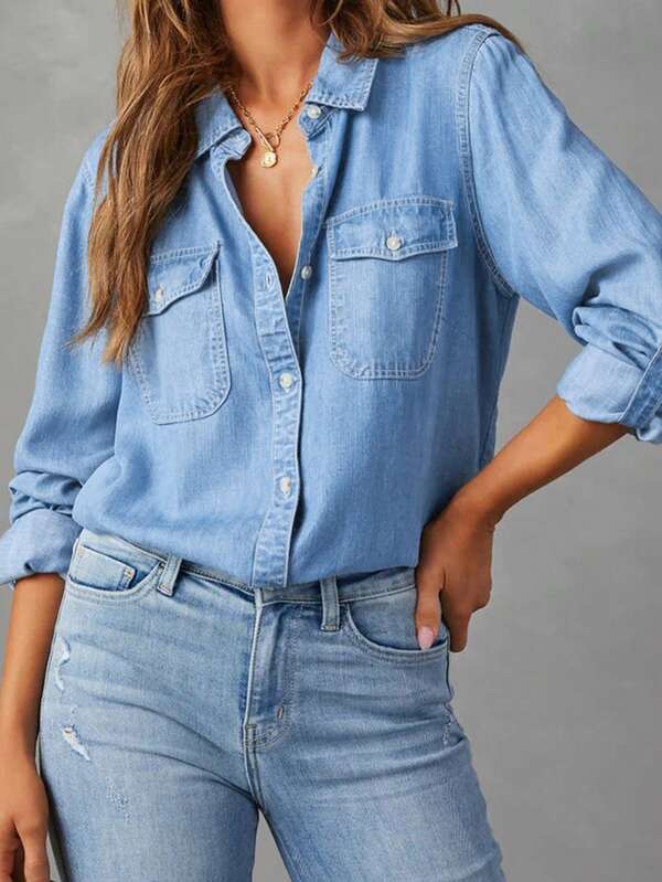 Elastic-Free Solid Color Casual Denim Shirt With Pocket, Button Placket, Slim Fit, Minimalist Style, Versatile Daily Wear