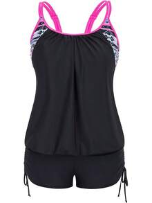 Womens Plus Size Striped Printed Strappy Tankini Top With Shorts Two Pieces Swimsuit - Floral Print - View 1