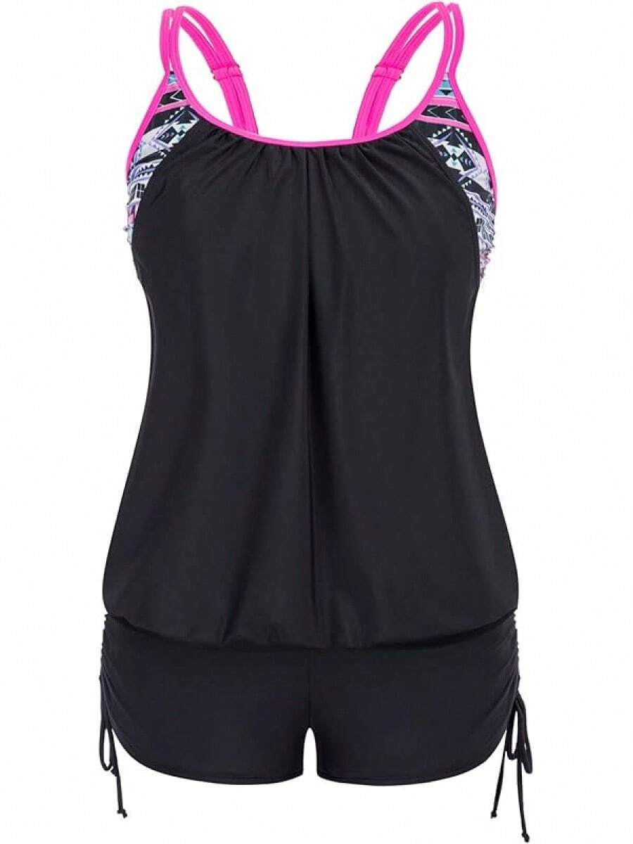 Womens Plus Size Striped Printed Strappy Tankini Top With Shorts Two Pieces Swimsuit - Floral Print - View 1