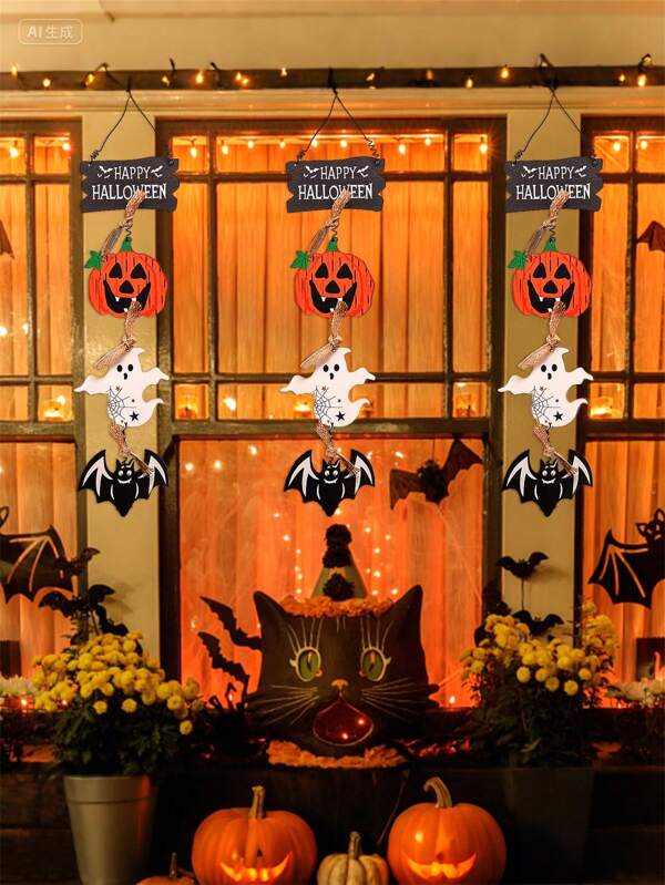 3 Stücke neue Halloween Kürbis Geist Fledermaus Holzschild Anhänger, spaßige und lustige Feiertags Dekorationen, kreative Anhänger, Halloween Atmosphäre Dekorationsmaterial, Feiertags Heim Deko Anhänger, geeignet für Halloween Feiern, Feiertags Partys