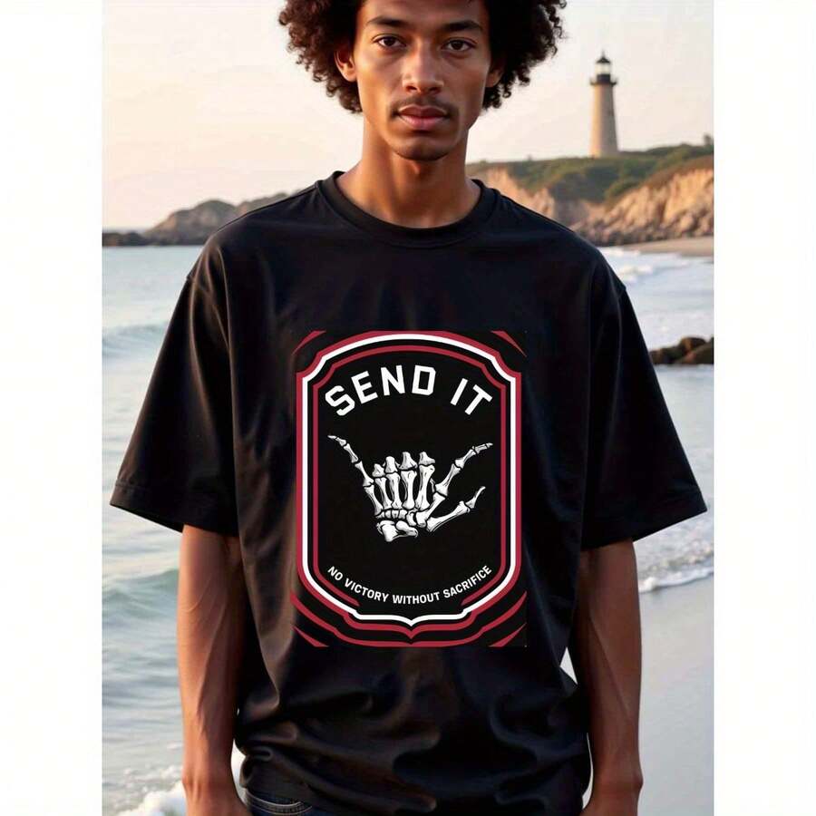 Natee Send It: No Victory Without Sacrifice, 100% Cotton Fabric, Crew Neck, Regular Fit, Weekend Casual Wear, 180gsm, Halloween Thanksgiving Christmas Gift For Men Women Family Friends Fit For Men - 黑色 - 查看 1