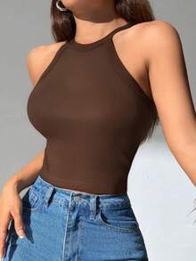 1pc Plain Ribbed Casual-Comfortable Minimalist Sports Casual Romantic-French Sleeveless Scoop Neck Tank Top With Padded, For Workout