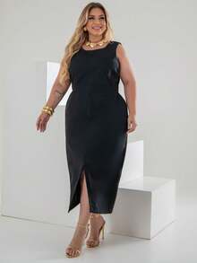 Plus Size Linen Slit Midi Dress Elegant Casual Elegant Linen Hollow Out/Cut Out Holiday Wedding Office Travel - màu đen - Xem 3