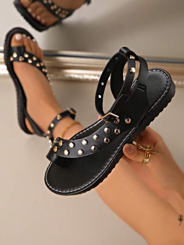 2025 Women Solid Color Studded Fashion Sandals With Buckle Waistband, Embellished Lightweight Roman Sandals, Non-Slip Summer Sandals