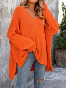 2025 New Arrival Versatile Solid Color Ribbed Split Front Short Back Long Casual Comfortable Loose Fashion Premium Sweater - Orange - View 4