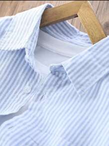 Boys Navy & White Striped Shirt With Letter Embroidery, Cute Pattern, Blue & White Stripes + Pocket Letter, Fashionable And Easy To Match