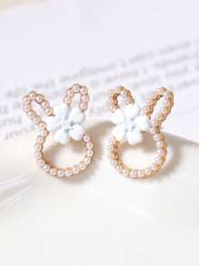 1 Pair Korean Cute Flower Rabbit Ear Studs With Sweet Mini Pearl Design, Fresh & Adorable Earrings For Girls