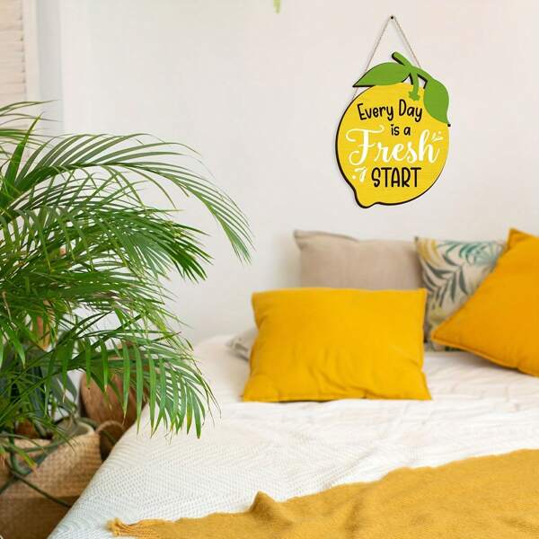 1pc "New Everyday" Inspirational Quote Wooden Wall Decor - Green Leaves & Yellow Lemon Design, Vintage Modern Home Office Decoration, Hanging Sign Without Power, Perfect Housewarming Or Birthday Gift