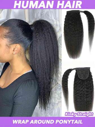 Kinky Straight Human Hair Ponytail Extensions Kinky Hair Ponytail Kinky Yaki Straight Ponytail Natural Hair Afro Kinky Ponytail Human Hair Yaki Ponytail Natural Black Thick Big 8- 28 Inch