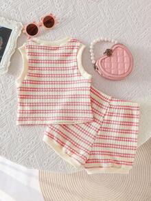 2pcs Baby Girls Stripe Breathable Knit Vest & Shorts Set, Sweet & Stylish, Suitable For Vacation