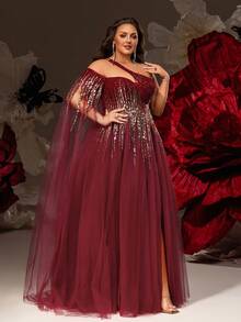VIPGIRL Elegante vestido de noche de talla grande color borgoña con abertura alta, adornado con detalles asimétricos de lentejuelas y mangas de gasa fluidas, apropiado para fiestas elegantes, galas y ocasiones formales - Burdeos - Ver 4