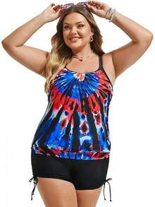 Womens Plus Size Striped Printed Strappy Tankini Top With Shorts Two Pieces Swimsuit - Red Blue Tie Dye - View 5