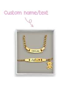 一套定制名字手链/项链，男女皆宜，个性化泰迪熊蝴蝶结手链，可爱迷人的定制单品，独一无二的珍宝，送给家人、朋友、她的理想礼物，适合生日、婚礼、情人节、母亲节、感恩节和日常佩戴。手链长度：12+3厘米，项链长度：33+5厘米 - 彩色 - 查看 2