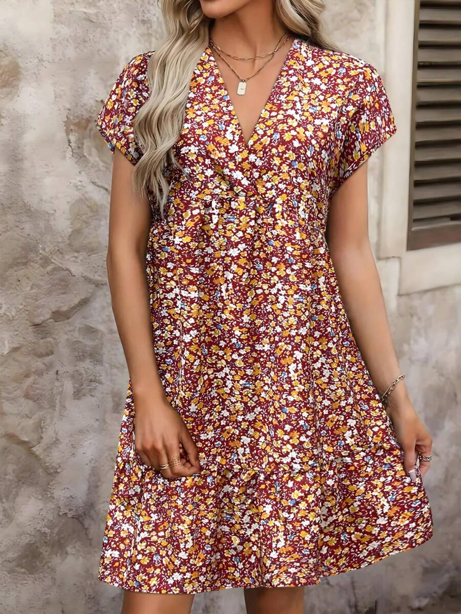 Váy suông cổ chữ V in hoa, váy tay ngắn thanh lịch cho mùa xuân và mùa hè - Đỏ - Xem 1