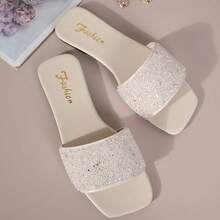 大码女式平底凉鞋度假风格夏季休闲百搭水钻一脚蹬凉鞋