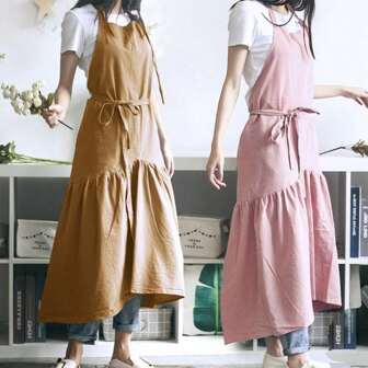 简约北欧风格美人鱼仙子亚麻烹饪厨房围裙女士连衣裙花店罩衫理发师围兜