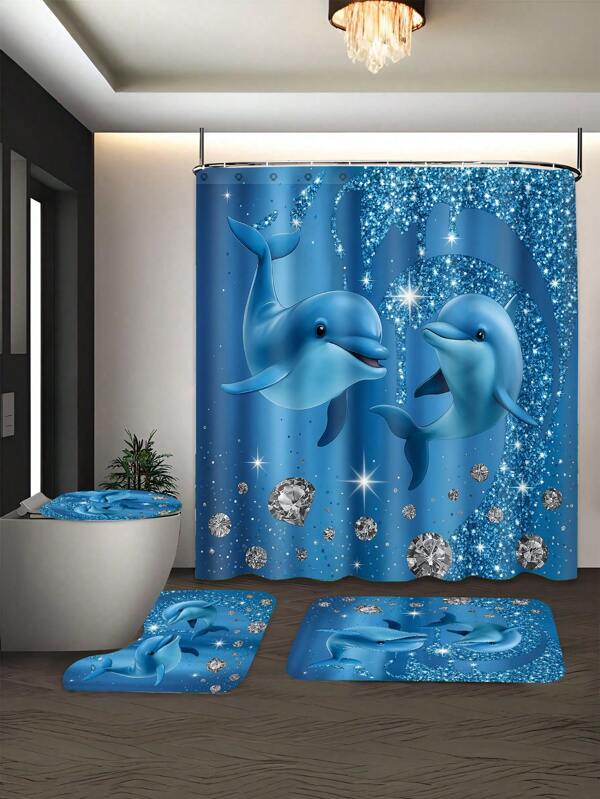 1/4pcs Blue Dolphin Shower Curtain Set, Cartoon Cute Dolphin And Rhinestone Spray Marine Organism Modern Art Decor Waterproof Shower Curtain With 12 Hooks, Anti-Slip Bathroom Mat, U-Shaped Toilet Cover, Housewarming Gift Back To School