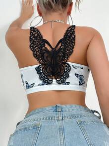 女士前扣式胸罩，蝴蝶印花，性感背部设计 - 白色 - 查看 2