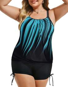 Womens Plus Size Striped Printed Strappy Tankini Top With Shorts Two Pieces Swimsuit - Blue Black - View 2