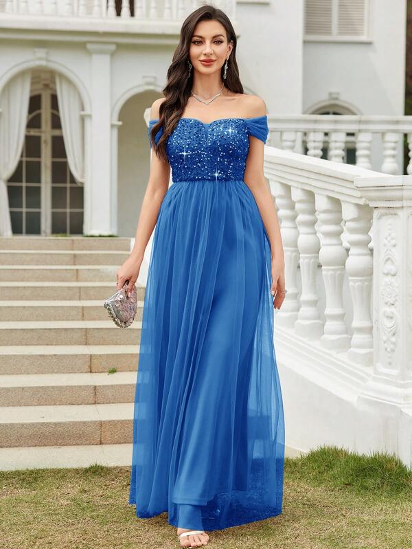 CHOSMO Elegant Solid Color Knit Fabric Backless Mesh & Sequin Patchwork Women's Dress, Suitable For Prom, Evening Gowns, Formal Occasions, Weddings, Parties, Anniversaries, Graduations, Festivals, Formal Dinners, Photoshoots, Galas, Concerts