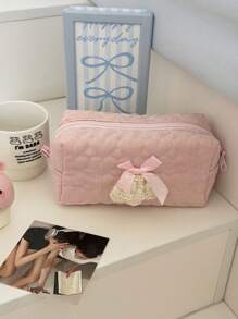 Bolsa de maquillaje de tela suave con encaje en forma de lazo, estilo lindo y dulce, gran capacidad, bolsa de lavado portátil para viajes, bolso versátil desmontable para damas