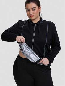 1PC Plus Size Women's Sauna Suit Weight Loss Long Sleeve Zipper Exercise Jacket Gym Sweatshirt - 黑色 - 查看 2