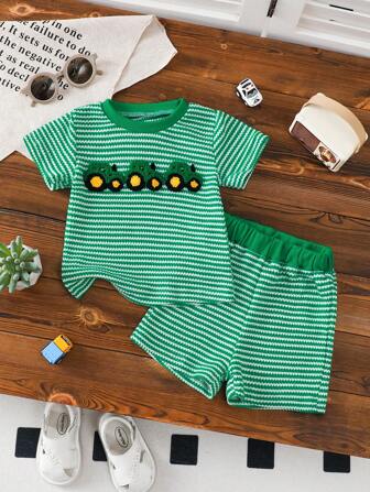 Summer Kids Unisex Car Embroidery Green Stripe Short Sleeve T-Shirt Set, Casual Comfortable Outfit For Babies Outdoor Sports