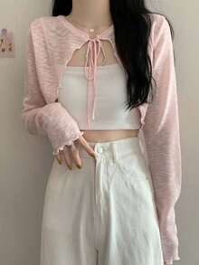 Áo khoác cardigan mỏng nhẹ, dáng ôm, tay dài, viền bèo nhún dành cho nữ, thích hợp mặc mùa hè để chống nắng. - A - Xem 13