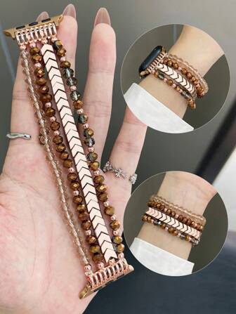 Beaded Bracelet Band For Apple Watch 38mm 40mm 41mm 42mm 44mm 45mm 46mm 49mm - Bohemian Style Elastic Stretch Band - Handmade Crystal Beaded Fashion Band - Elegant Comfortable Women's Watch Band - Perfect For Business Dating Wedding Party Daily Wear - Ideal Gift For Her - Premium Replacement Band Accessories