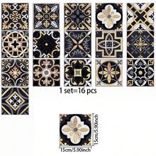 16片花卉图案仿瓷砖墙贴，2D平面奢华复古PVC自粘可移除壁纸，适用于家居、厨房、房间、墙面装饰 - 彩色 - 查看 16