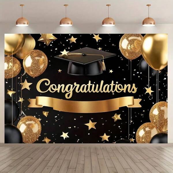 1PC, Polyester Fiber Graduation Party Banner, Black Gold Congratulatory Background Board, Polyester Material, Multi-Functional Hall And Entrance Decoration, No Electricity Required, Suitable For All Seasons