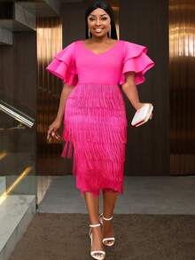 Plus Butterfly Sleeve Fringe Hem Dress Summer Elegant - Hot Pink - View 1