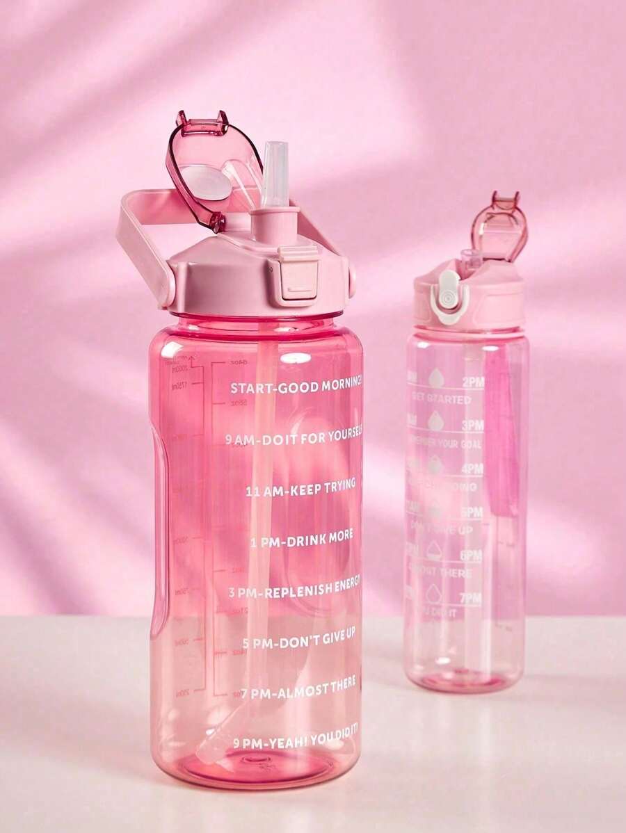1 pieza Botella de agua de 2000ml o 750ml con flujo de agua rápido y a prueba de fugas, botellas de agua para fitness, gimnasio, exteriores, oficina, vuelta al cole (Rosa) con marcador y pajita, jarra de agua de gran capacidad, Artículos esenciales para un viaje de verano a la playa