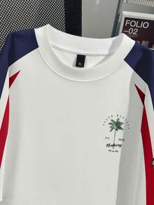 Raglan Sleeve Contrast Color Design American Retro Coconut Tree Print Short Sleeve T-Shirt For Couple, Vacation Season Summer Wear - White - View 4