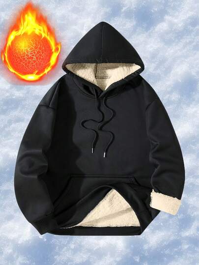 (Autumn/Winter) Men's Fashion Casual Commuting High Street Workout Hooded Knit Fleece Thickened Sherpa Sweatshirt, With Pocket For Workout, Fitness, Running, Outdoor Sports, Boyfriend Style Essential Outerwear, Best Autumn/Winter Gift For Boyfriend