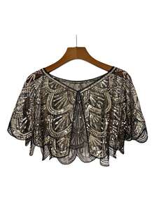 1 Pc Women's Oversized Fish Scale Sequin Shawl, Sparkling Evening Dress Shawl, Vintage Cheongsam Style Light Shawl Top, Embellished - Multicolor - View 4