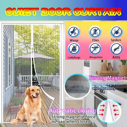 1 件磁性防虫纱门，采用聚酯纤维细网制成，轻巧透气，磁性自动关闭，无需手动关闭，有效防蚊防虫，通风透明，使用胶带 + 钩环或钉子安装，可拆卸和清洗，适用于家庭使用（客厅、卧室、厨房、阳台），替代传统门/纱门