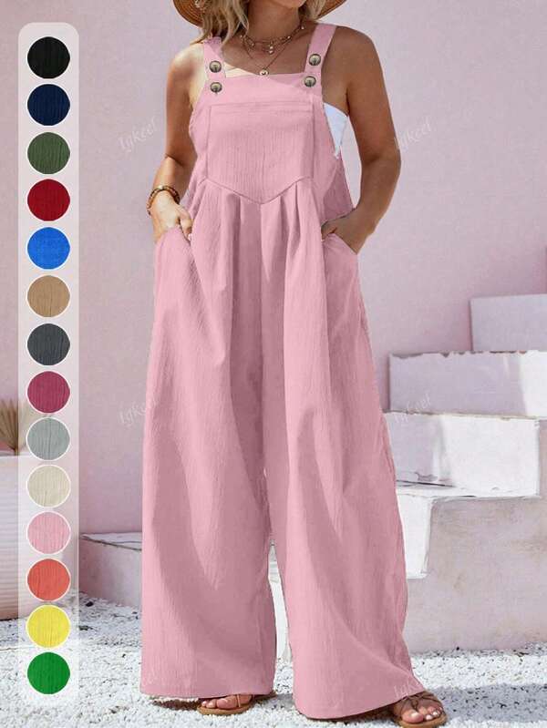 Plus Size Women's Sleeveless Wide Leg Jumpsuit With Pockets, Loose Casual Solid Color, Spring / Summer /Autumn,Valentine Day