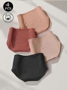 4 peças/conjunto Calcinha de Cintura Alta de Plus Size para Mulheres, Calcinha Triangular de Cor Pura e Controle de Barriga sem Costura, Roupa Íntima Básica