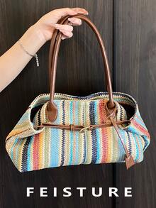 FEISTURE 1pc Colorful Woven Tote Bag, Large Capacity, Strap Decor, Magnetic Closure, Suitable For Daily Commute, Shopping, Vacation Travel - Brown - View 6