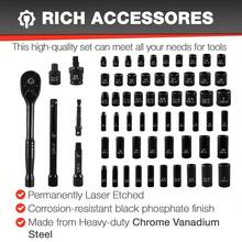 64pcs 3/8" Socket Set, Drive Impact Socket Set, SAE/Metric, Deep & Shallow, Cr-V Steel, 6 Point With Adapters, 72T Ratchet Handle, Extension Bars, Bit Adapter, 6-24mm, 5/16-1 Inch - 紅色 - 查看 4