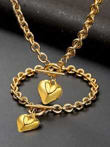 2pcs/Set 18K Gold Plated Bracelet Necklace Charm Chunky Stainless Steel Chain Heart Toggle Choker Jewelry Set For Women Girls Fashion Jewelry Set - Heart Shaped Necklace Bracelet Set - View 2