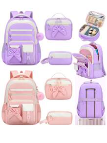 3PCS Girls School Backpack Set With Bowknot, Lunch Box Bag & Pencil Case, Lightweight Multi-Pocket Student Bookbag, Fits 15.6 Inch Laptop, Travel Backpack, Back To School Essential, Ideal Birthday Gift 