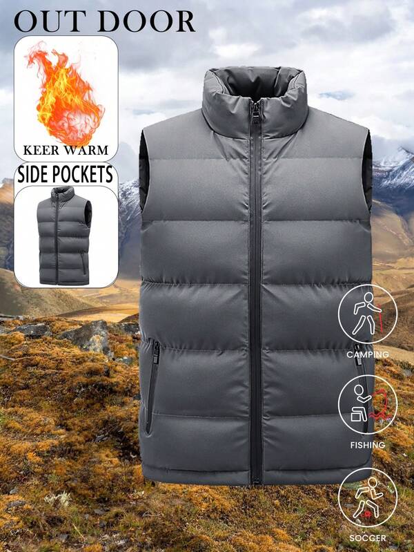 New Solid Color Autumn/Winter Vest For Men, Stylish Casual Sleeveless Warm Gilet, Outdoor Thick Waistcoat Jacket