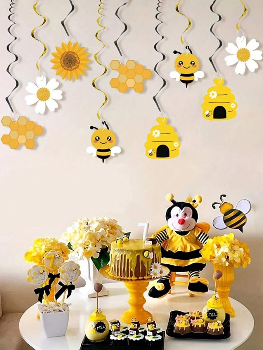 5pcs/Set Hanging Spiral Decorations, Bee Party Hanging Spiral Aluminum Foil Ceiling Streamers Honey Bee Themed Party Supplies, Birthday Gender Reveal Bee Party Decor - Yellow - View 1