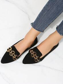 Ladies' Metal Chain Buckle Fashionable Pointed Flat Sole Single Shoes Comfortable Soft Sole One Foot Shoes Elegant Style Spring And Summer Daily Wear Black Ballet Flat Shoes Suitable For Commuting And Office Black Shoes - màu đen - Xem 2
