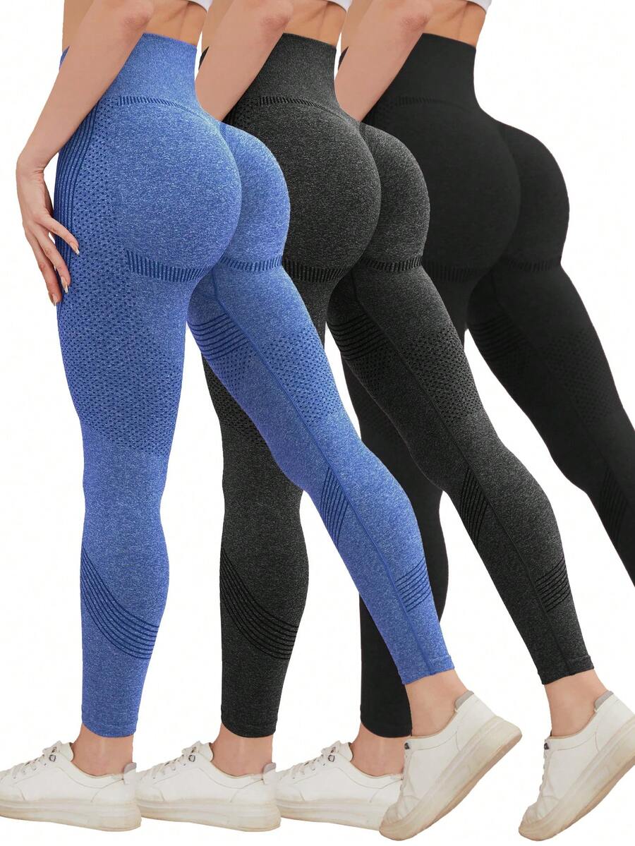 3pcs Women's Seamless Outdoor Sports Yoga Pants, High Waist High Elasticity Breathable Moisture-Wicking, Peach Butt Flattering, Versatile Sports Leggings, Spring/Summer